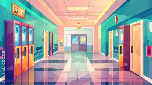The interior of a school hallway is blank except for doors to classrooms, lockers, vending machines, and a notice board with a bulletin and bell. A cartoon modern illustration of the interior of a