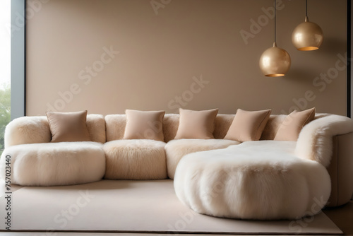 Fluffy sheepskin poufs near curved sofa against beige wall with copy space. Minimalist luxury home interior design of modern living room