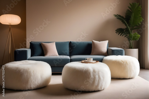 Fluffy sheepskin poufs near curved sofa against beige wall with copy space. Minimalist luxury home interior design of modern living room