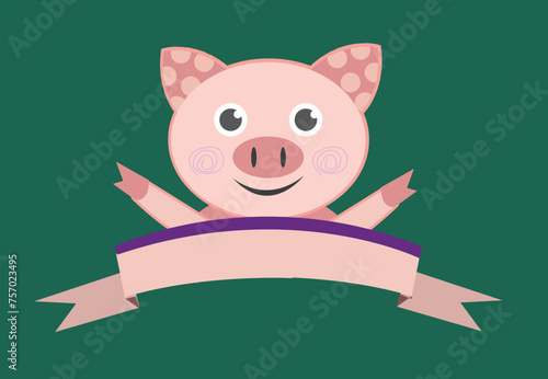 A happy pig with pink ribbon for text. Editable Clip Art.