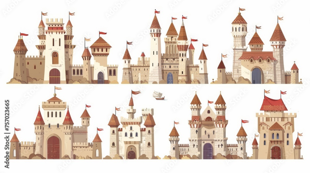 The castles of the medieval era isolated on a white background. Modern illustration showing flags on roofs, windows, and doors. Stone walls, fantasy kingdom fortresses, ancient strongholds or