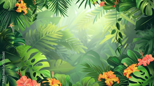 The background is a jungle setting with liana vines, green leaves and flowers framed in an orange liana vine. The backdrop has an empty space for text. It is a sunny tropical rainforest setting with