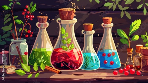 Potion with mushrooms and fly agaric on wooden table in ancient alchemy lab. Modern illustration of liquid elixir in glass bottle, green branch and red berries, witchcraft or medicine ingredients.