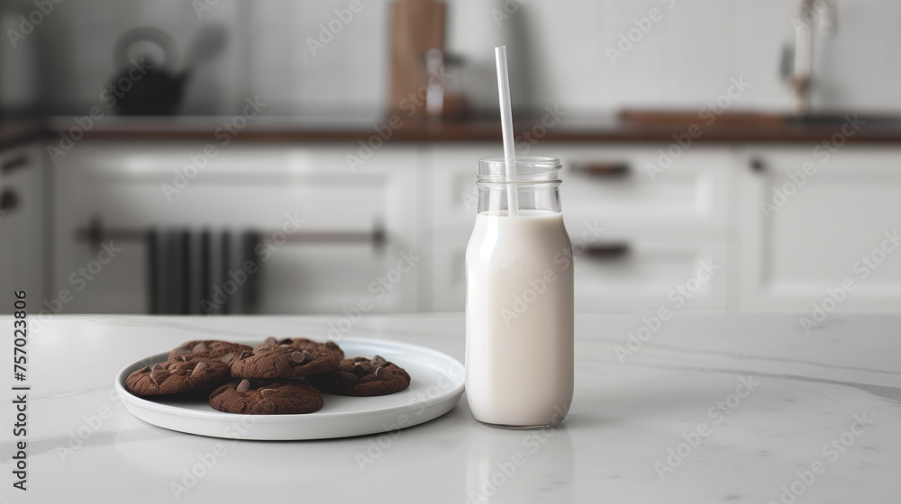 A glass of milk with straw is on a table next to a plate of chocolate cookies A glass of milk with straw is on a table next to a plate of chocolate cookies