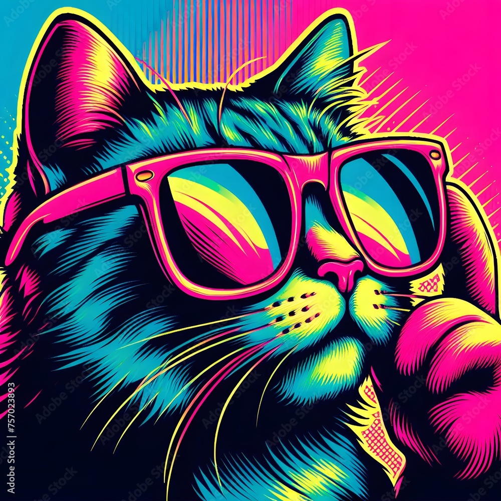 Image of a cat wearing sunglasses and neon colors