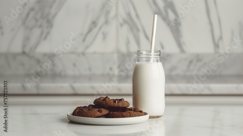 A glass of milk with straw is next to a plate of cookies