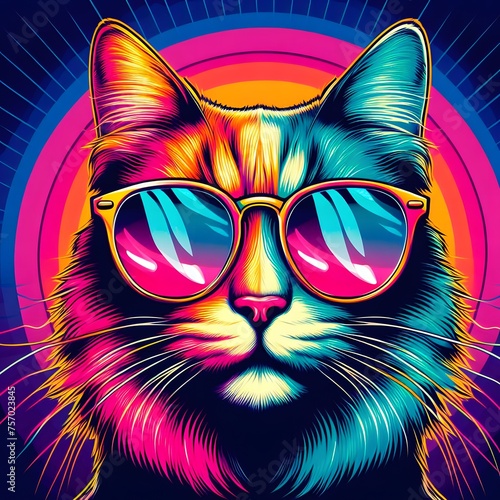 Image of a cat wearing sunglasses and neon colors © Liubov
