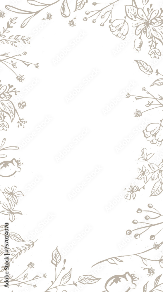 Obraz premium Gray and white floral frame with herbs and wild flowers. Doodle design. Vector vertical illustration