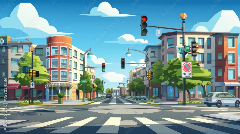 Modern cartoon illustration showing a city street corner on a hot summer day with zebra crossings, traffic lights, lanterns, apartment houses, motel signs, and green trees.