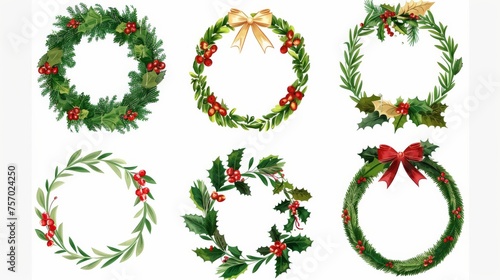 This is a natural round holiday wreath made with twigs, leaves, berries and ribbon bows. It is a cartoon modern illustration of a Christmas door wreath made with twigs, leaves, berries and ribbon