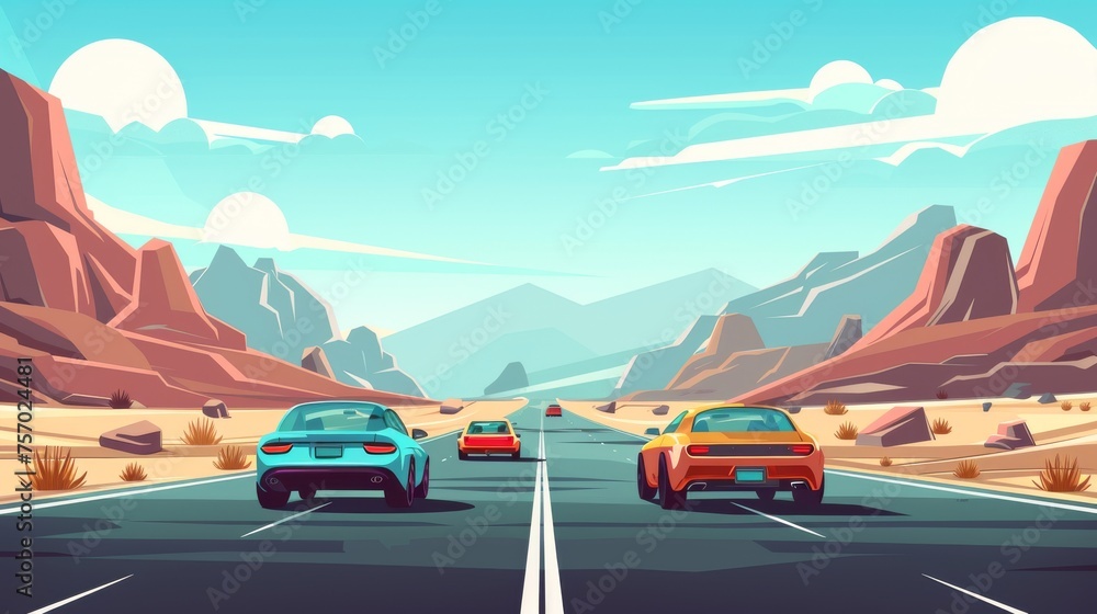 Cartoon modern landscape with automobiles driving on the highway near rocky hills on asphalt. Skyline with three vehicles on roadway.