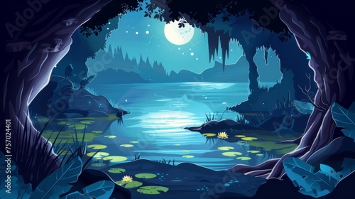 View from inside cave on dark night forest with swamp under moonlight. Cartoon dusk landscape with water lilies on lake surface, tree trunks on shore, moonlight beams. Exit hole.