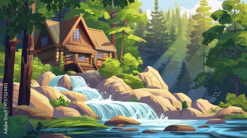 Cartoon modern summer landscape with wood house or cabin on riverbank, water stream flowing over big rocks, green trees, and grass, with cacophonous cascade waterfall. photo