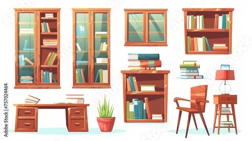Cartoon interior furniture set of school public library or bookshop. Wooden cabinet with rows of paper books on shelves, desk with stack of literature, chairs and potted plant.