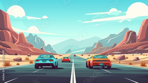 Cartoon modern landscape with automobiles driving on the highway near rocky hills on asphalt. Skyline with three vehicles on roadway.