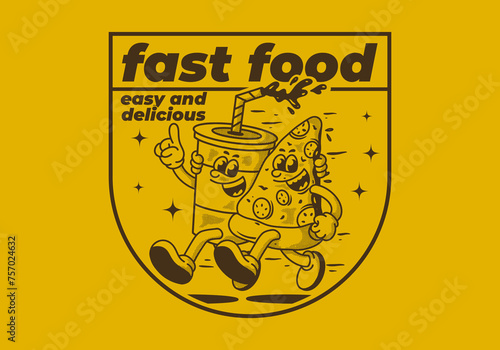 Fast food, easy and delicious. Character illustration of running pizza and soft drink