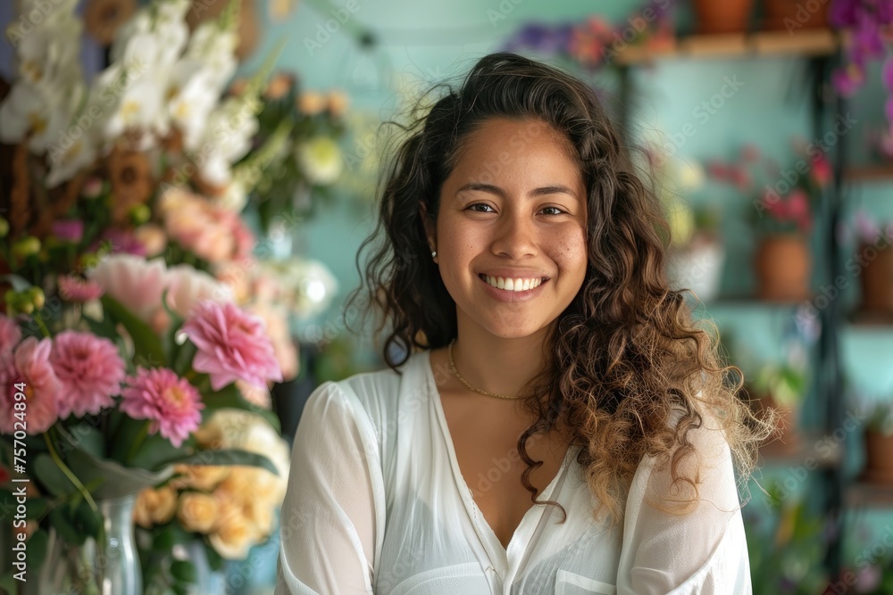 A young Latina salesgirl smiles happily as she stands in a flower store. Startup successful small business entrepreneur owner woman standing with flowers at florist shop service job. A young Latina salesgirl smiles happily as she stands in a flower store. Startup successful small business entrepreneur owner woman standing with flowers at florist shop service job.