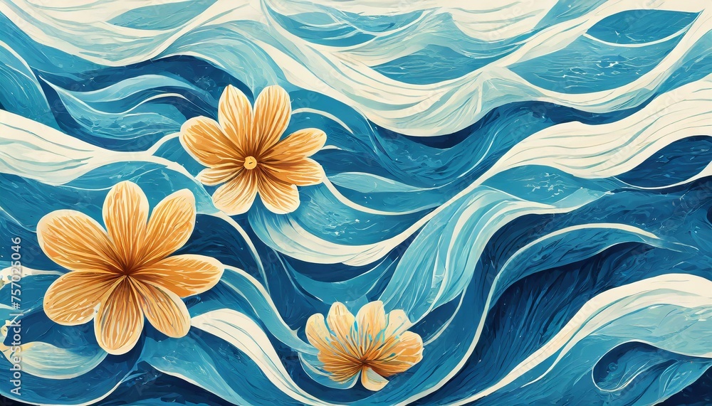 a painting of a blue wave with gold swirls, an abstract painting by Elizabeth Murray, featured on dribble