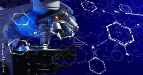 Image of chemical structures over laboratory microscope on blue background