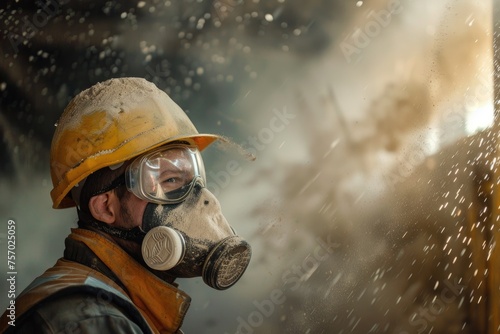 Professional construction worker wearing a high quality dust mask surrounded by many floating glass wool particles on a construction site, empty space at the side 