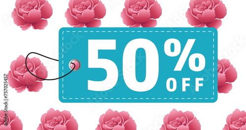Image of 50 percent off text over flowers on white background