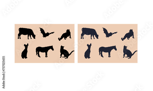 hand drawn animals silhouettes illustration  animals icon design  animals set silhouette  animal silhouettes  cow  cat  goat  collection  donkey  elephant  nature  tiger   icon    set   running  deer 
