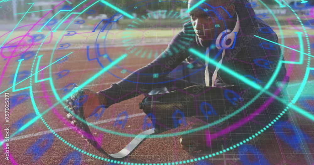 Image of digital data processing over disabled male athlete with running blades on racing track Image of digital data processing over disabled male athlete with running blades on racing track