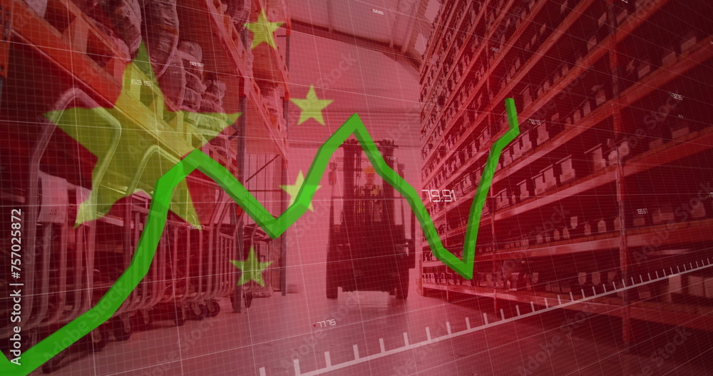 Obraz premium Image of financial data processing, flag of china over warehouse