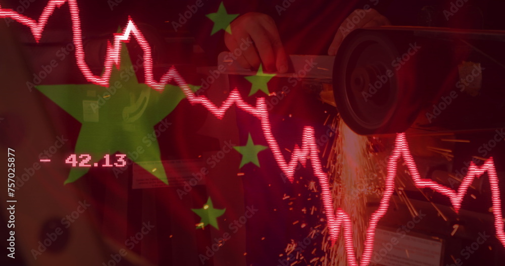 Obraz premium Image of financial data processing, flag of china over factory