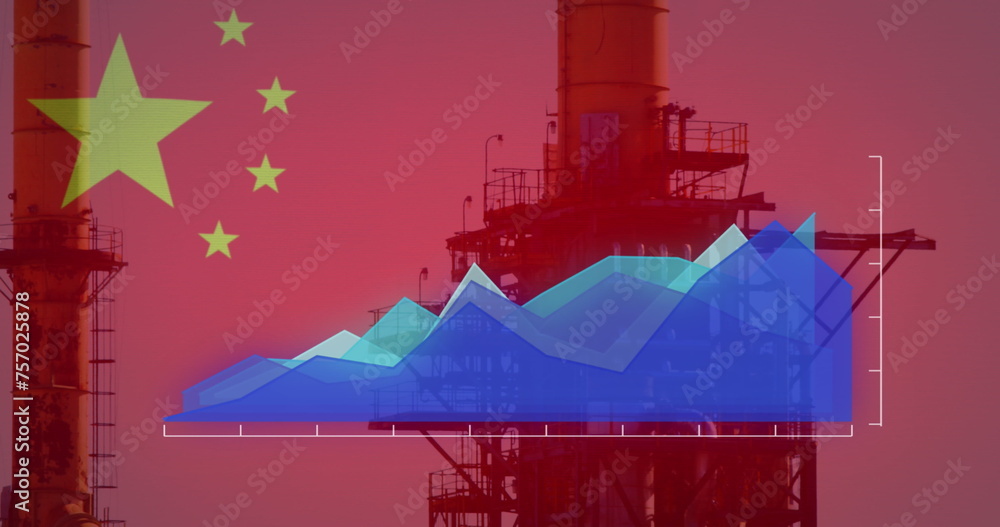 Fototapeta premium Image of flag of china and financial data processing over factory