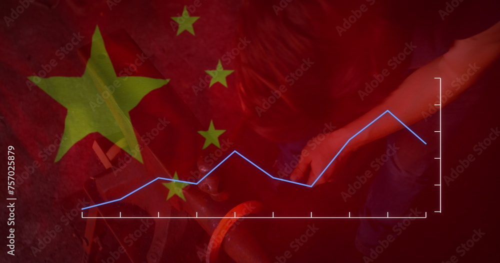 Obraz premium Image of financial data processing, flag of china over worker in factory