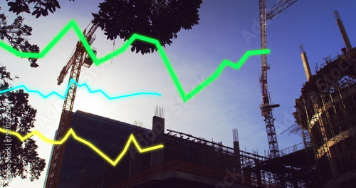 Image of financial data processing over development and cranes