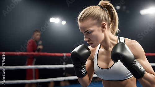 Female boxer exercising on the boxing ring