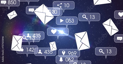 Image of online digital envelope icons and speech bubbles over night sky