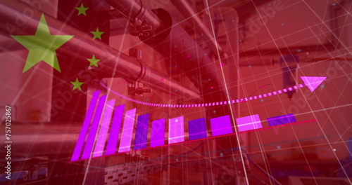 Image of financial data processing, flag of china over warehouse
