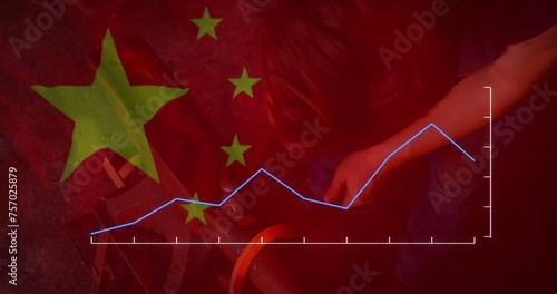 Image of financial data processing, flag of china over worker in factory