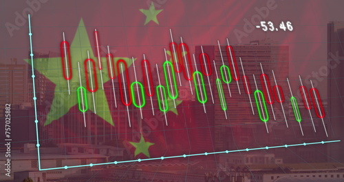 Image of flag of china and financial data processing over cityscape