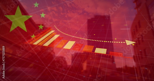 Image of financial data processing, flag of china over cityscape