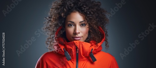 The woman with Jheri curl hair is rocking a red jacket with a hood. She looks cool and is ready to entertain with her microphone, showcasing her talent as a music artist