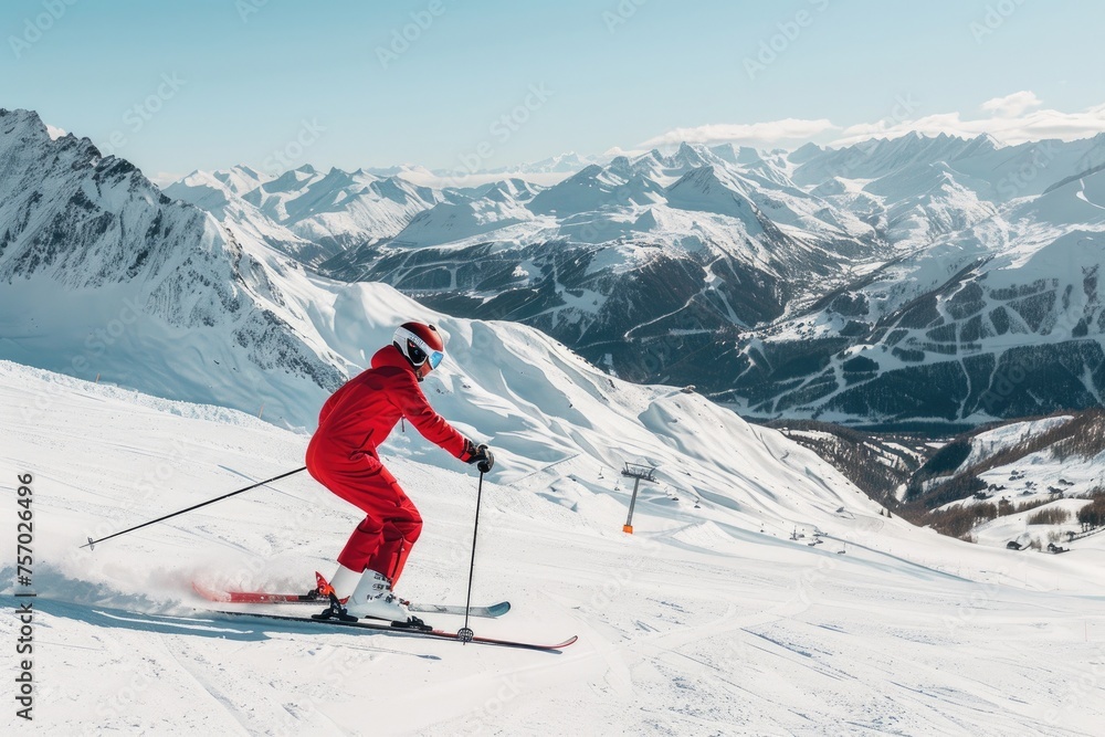 A skier skiing down a snowy slope with mountains in the background.