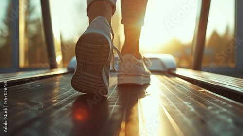 Close up of feet, sportman runner running on treadmill in fitness club. Cardio workout. Healthy lifestyle, guy training in gym. Sport running concept.  photo