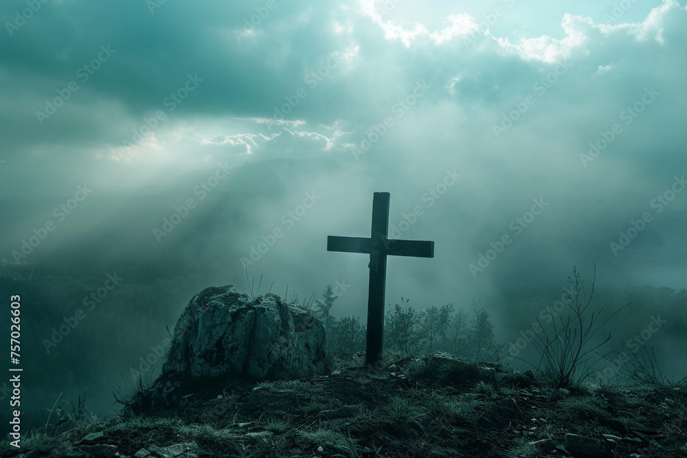 Moody atmosphere with a solitary cross on a hill in misty conditions, signifying solitude and contemplation.