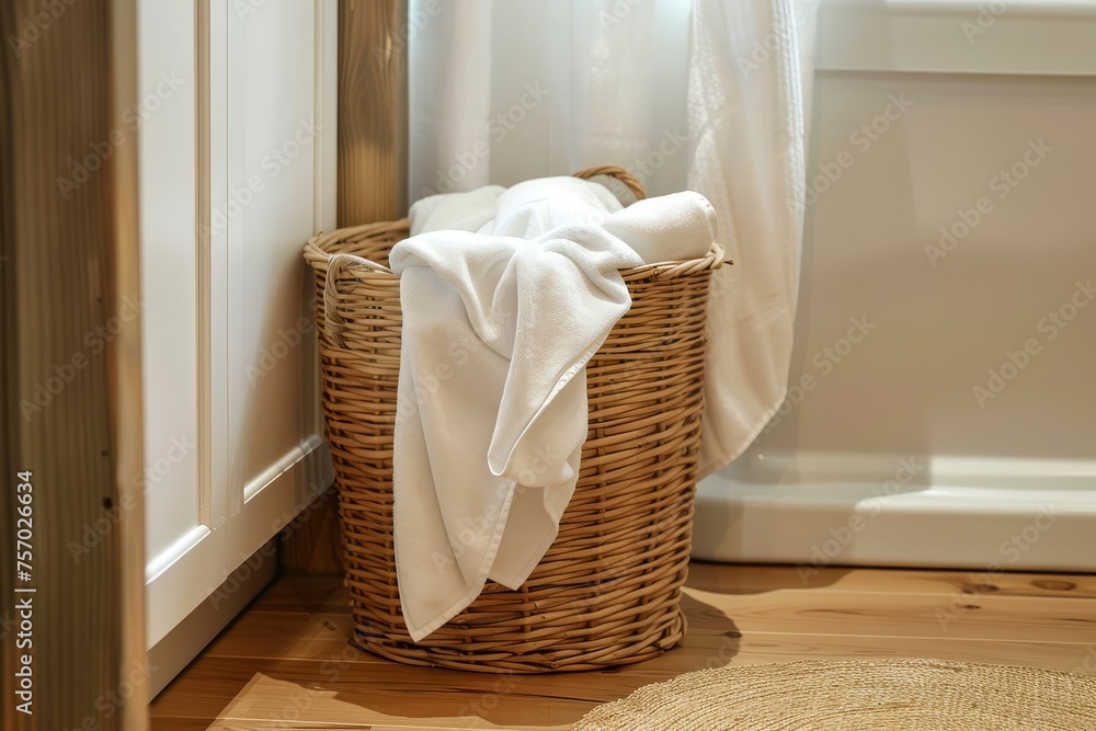 White towels in a wicker basket in a bright, cozy bathroom interior. White towels in a wicker basket in a bright, cozy bathroom interior.