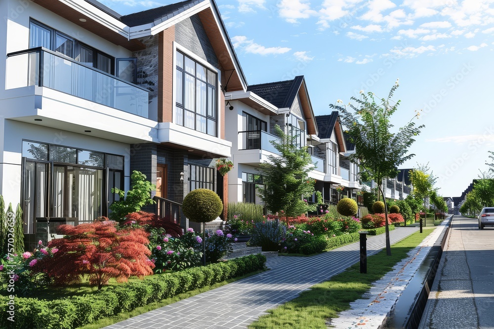 Row of modern townhouses with landscaped gardens under a clear blue sky.