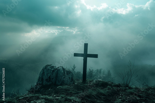 Moody atmosphere with a solitary cross on a hill in misty conditions, signifying solitude and contemplation.