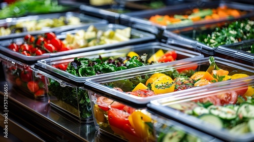 Freshly prepared salad bar with a variety of vegetables in a food court. photo