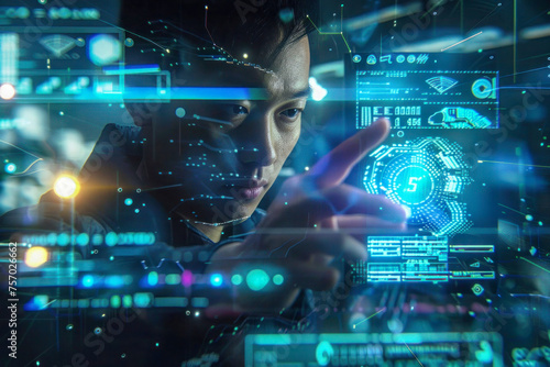 Man interacting with a high-tech, holographic interface. Person tapping on digital screens displaying codes or AI interfaces. Big data, artificial intelligence, virtual reality concept.