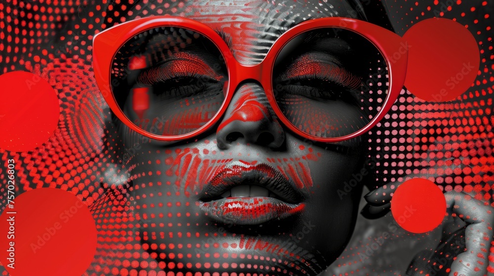 A close-up of an abstract art portrait, featuring a face adorned with vibrant red dot patterns and stylized sunglasses, create by Dot Art Aboriginal style A close-up of an abstract art portrait, featuring a face adorned with vibrant red dot patterns and stylized sunglasses, create by Dot Art Aboriginal style