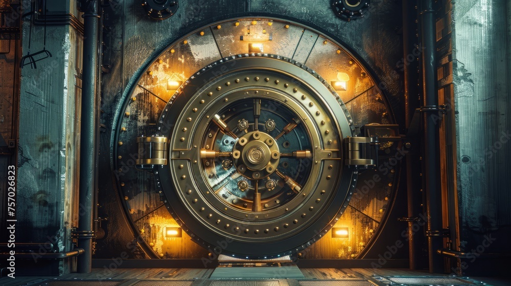 Fototapeta premium A fortress of finance: Impressive bank vault door symbolizing ultimate protection against crime, with a touch of artistic lighting