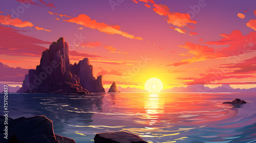 sunset landscape with rock island illustration